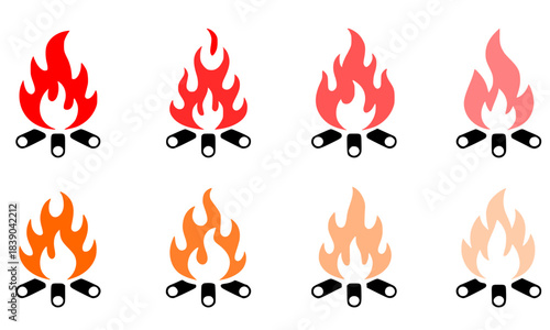 Campfire and Bonfire Icon Set with Flames in Red and Orange Tones, Stylized Vector Symbol Collection for Outdoor Recreation, Camping, Heat, or Warning Signs