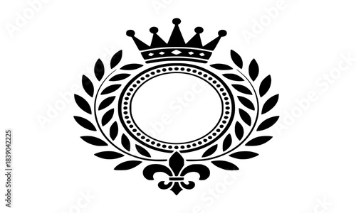Royal Black and White Crest or Emblem Vector with Crown, Laurel Wreath, and Fleur-de-Lis, Vintage Luxury Template for Logo, Label, or Monogram