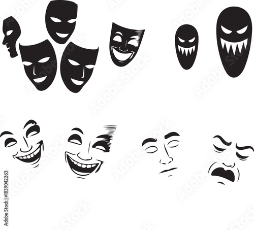 Collection of black and white theatrical and horror face masks and expressions