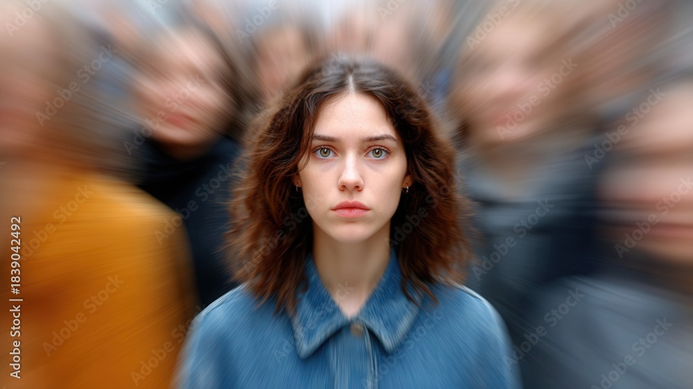 Obraz premium Young woman standing still in a crowd, experiencing loneliness and alienation, feeling lost in blurred motion