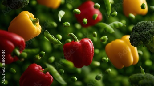 Fresh bell peppers, broccoli, and snow peas falling, representing healthy eating and vibrant natural ingredients