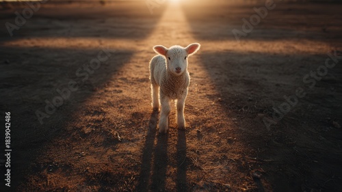 Innocent lamb standing on cracked earth, looking at a cross shadow representing faith, guidance, and redemption