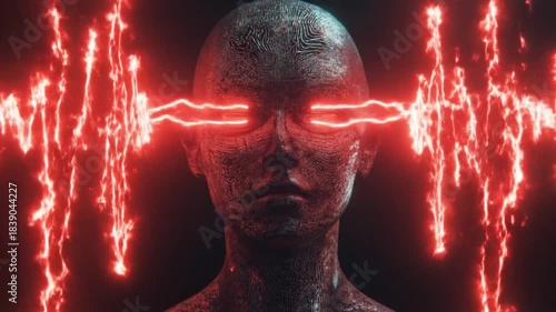 Digital consciousness with glowing red eyes and pulsating energy waves, a powerful artificial intelligence concept symbolizing the future of advanced technology