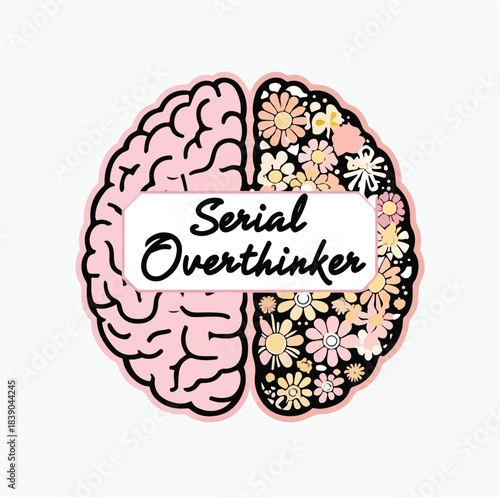 Serial Overthinker Brain Art – Pink Left Hemisphere with Creative Floral Right Side and Cursive Label