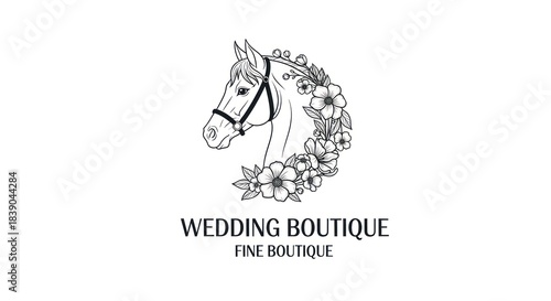 A black and white line art logo horse head with flowers & text 