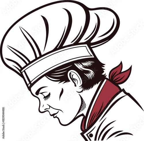 Vintage style chef illustration in profile, focused on culinary art with closed eyes.
