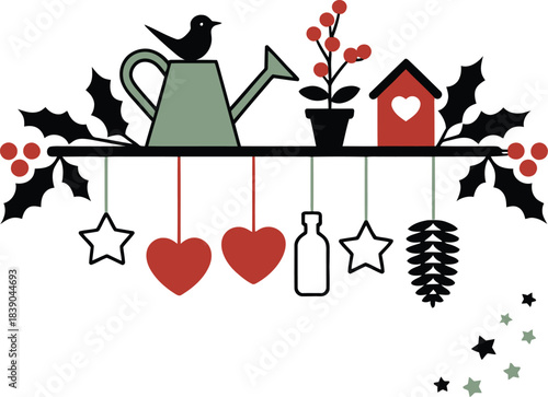 Green watering can with bird red berries and hearts