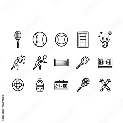 Tennis Equipment and Court Elements Line Icon Set