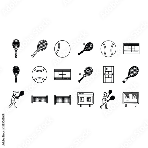 Tennis Equipment and Court Elements Line Icon Set