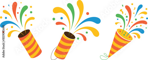 Three party poppers exploding with colorful confetti and streamers