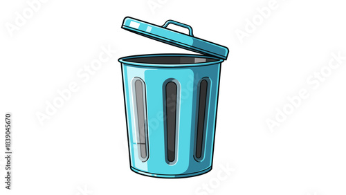 Illustration of a blue trash bin with an open lid for waste disposal