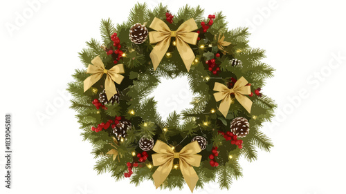 Festive christmas wreath with pine branches berries pinecones and golden ribbon bows