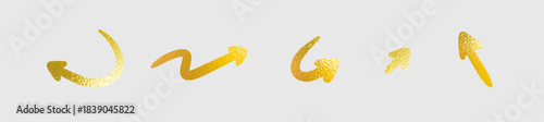 Set gold foil arrows vector graphic design element. Abstract gold arrows foil texture luxury style element. Isolated arrows graphic design template.