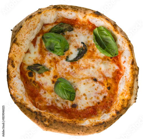 A round pizza with a golden crust, topped with tomato sauce, mozzarella cheese, and fresh basil leaves. The background is transparent.