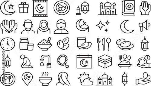 Ramadan and Islamic Icons Line Art Collection: Prayer, Fasting, and Celebration Symbols