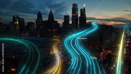 Photos Digital data streams over a smart city at dusk with glowing network lines showin
