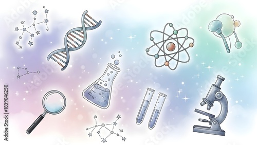 Science and Discovery A Colorful Illustration of Scientific Icons and Concepts on a Gradient Background