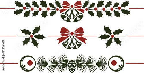 Christmas borders with holly bells pinecones and bows