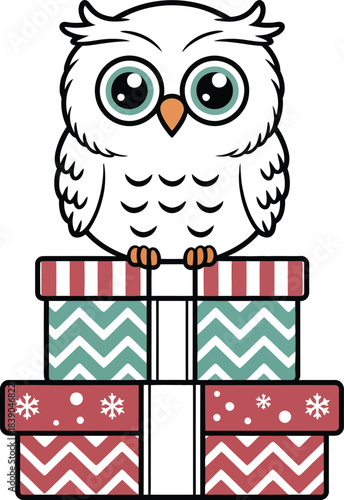 White owl perched on stack of Christmas presents bird
