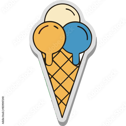 Three Scoop Ice Cream Cone with Vanilla Butterscotch and Blueberry Flavors in a Golden Waffle Cone Isolated on Black Background with White Outline and Subtle Shadow
