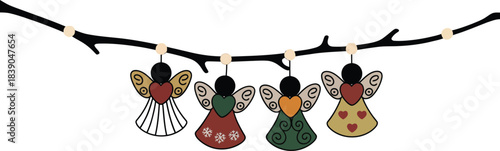 Four hanging angel ornaments on a branch decoration