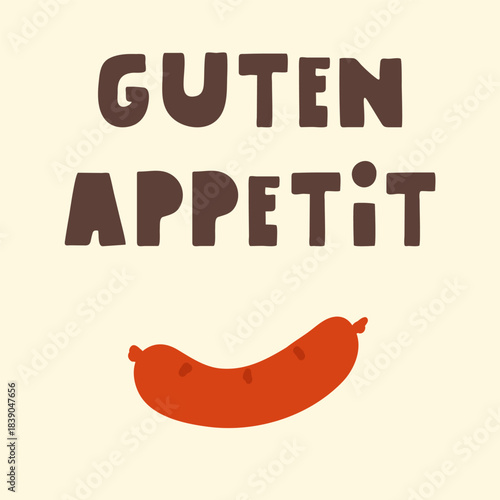 German Sausage Illustration. Vector art of sausage with text Guten Appetit. Perfect for German restaurant marketing, beer garden graphics and food festival materials.