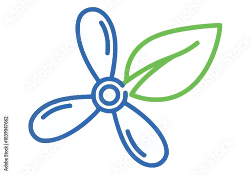 Abstract Green Leaf and Blue Fan Blades Symbolizing Ecology and Clean Energy Niche Industry Vector Icons Evergreen Microstock Graphics Sustainable Energy Line Art