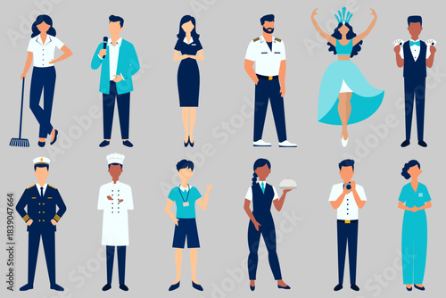 Diverse hospitality and cruise ship staff set with captain, crew, concierge and chef. Housekeeper, entertainer, waiter, receptionist, security and professional personnel at hotel customer service jobs