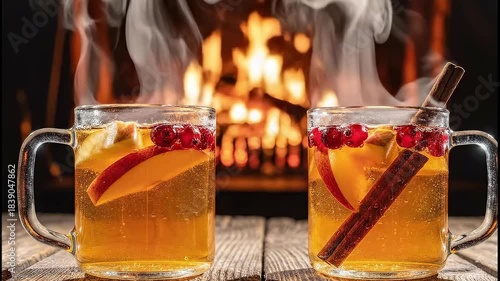 Two Steaming Mugs of Hot Spiced Cider or Grog in Front of a Roaring Fireplace