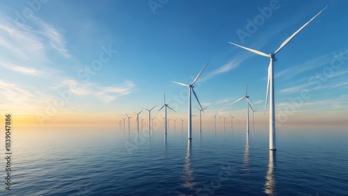 Offshore wind turbines extend into the horizon, generating clean energy over tranquil waters