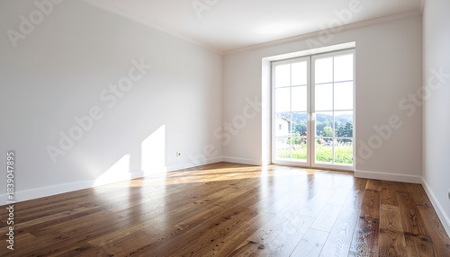 Sunny empty room with elegant hardwood floor and large window, ideal for modern home design
