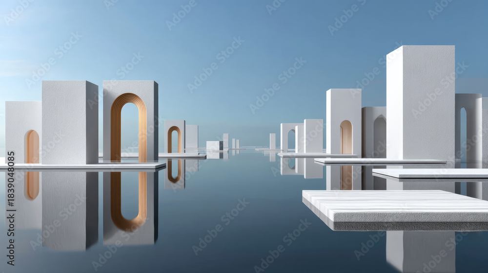 Naklejka premium Modern white geometric architecture with arches and columns reflected on calm water under clear blue sky, serene and minimalistic scene