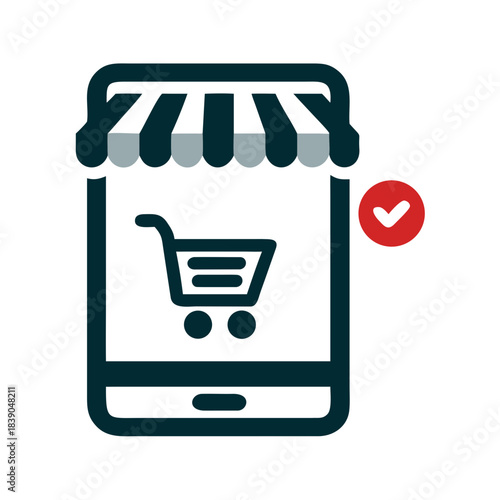 Mobile ecommerce icon with cart and store awning