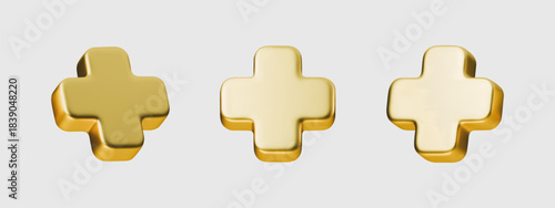 Metallic 3D plus sign gold vector geometric shape element. Metallic 3D plus sign gold geometric shape isolated background. Shape element graphic illustration template.