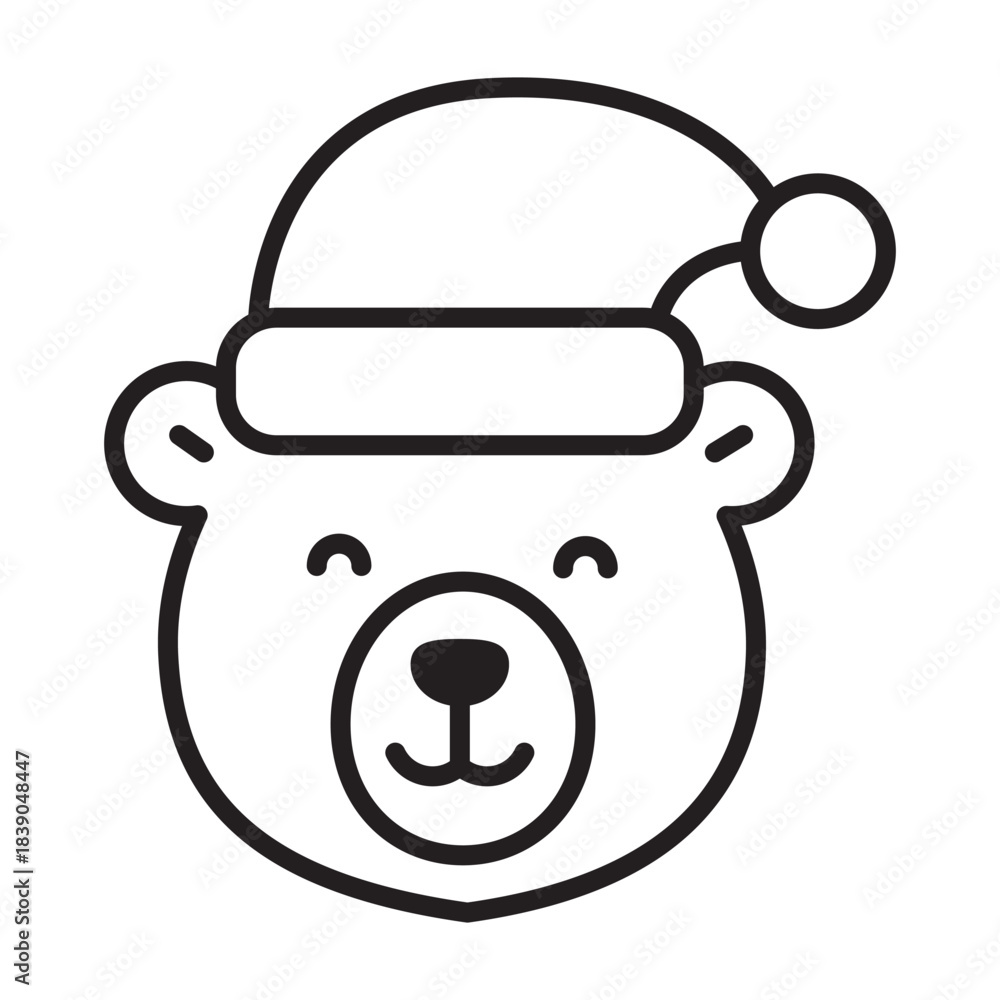 Obraz premium Polar bear in Santa hat line icon with editable stroke. Minimal cute Christmas character for winter holiday cards, web, apps, stickers and festive branding.