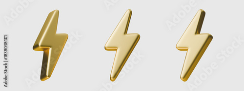 Set gold lightning bolts vector design element electric storm symbol. Gold lightning bolts 3D effect texture element graphic design. Premium lightning bolts logo template isolated background.