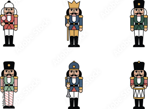 Six colorful nutcracker soldiers with different accessories