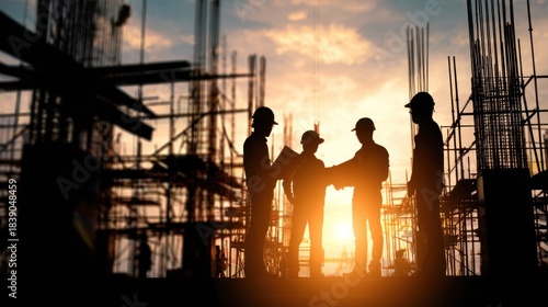 Silhouetted construction workers shake hands at sunset, symbolizing teamwork and progress in building projects.