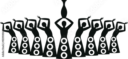 Black silhouettes of women in patterned skirts holding a vase