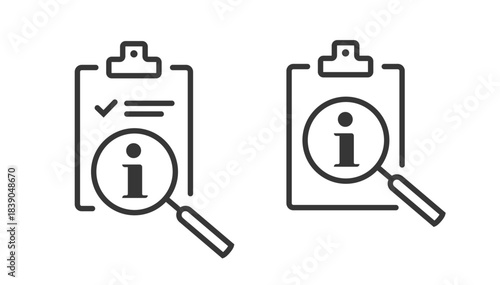 Clipboard information search icon line stroke vector simple illustration graphic set, help support guide reference sign symbol, document info analysis thin linear, see details hint overview pictogram