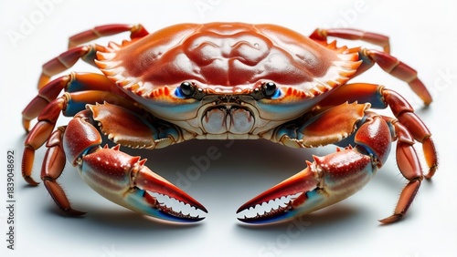 Vibrant close-up of a cooked crab, its shell and claws detailed against a stark white background