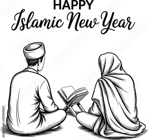 Man and woman reading holy book on stand Islamic New Year