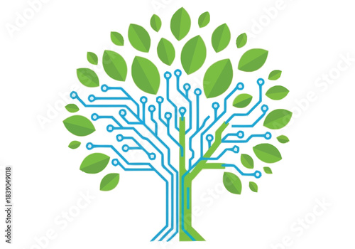 Green Technology Tree with Circuit Board Branches and Leaves Symbolizing Innovation and Sustainability Niche Industry Vector Icons Evergreen Microstock Graphics Sustainable Energy Line Art