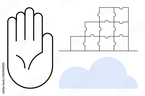 Hand concept. Hand symbol interaction, protection, or communication. Puzzle pieces for teamwork and problem-solving. Cloud technology and networking. For collaboration, communication, team-building