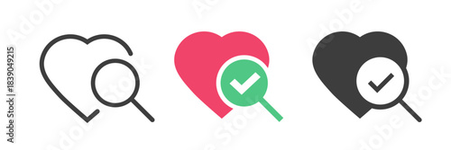Heart health check up examine icon simple minimal vector graphic illustration set, cardiac medical healthcare test diagnosis analysis sign symbol pictogram sold bold design, clinical review magnifier