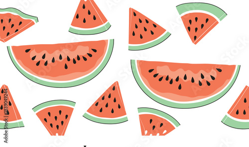 Repeating watermelon fruit pattern with fresh slices in modern flat vector design ideal for wallpaper and fabric