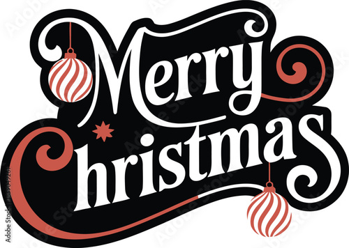 Merry Christmas white text with red ornaments and swirls