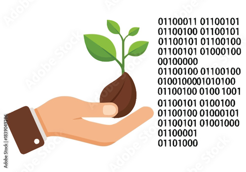 Hand Holding Sprout with Binary Code Symbolizing Green Technology and Digital Growth Niche Industry Vector Icons Evergreen Microstock Graphics Sustainable Energy Line Art