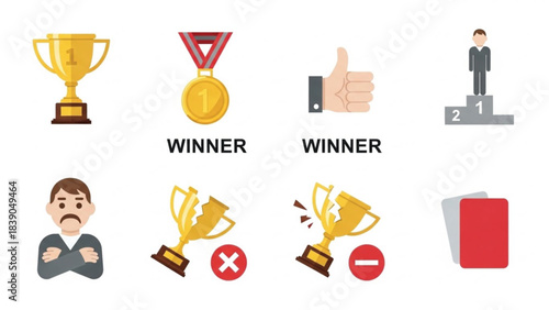 A clear icon set illustrating concepts of success and failure in competition. Graphics include a gold trophy, a medal, a winner on a podium, and a thumbs-up hand, contrasting with a broken trophy.