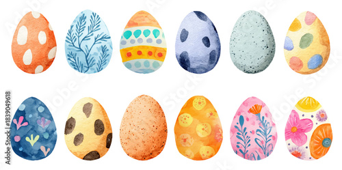 Spring collection in pastel colors with decorated eggs, floral elements and holiday design. Cute cartoon set, perfect for holiday greetings and celebrations.